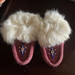Pink and White Fluffy Trim Slippers